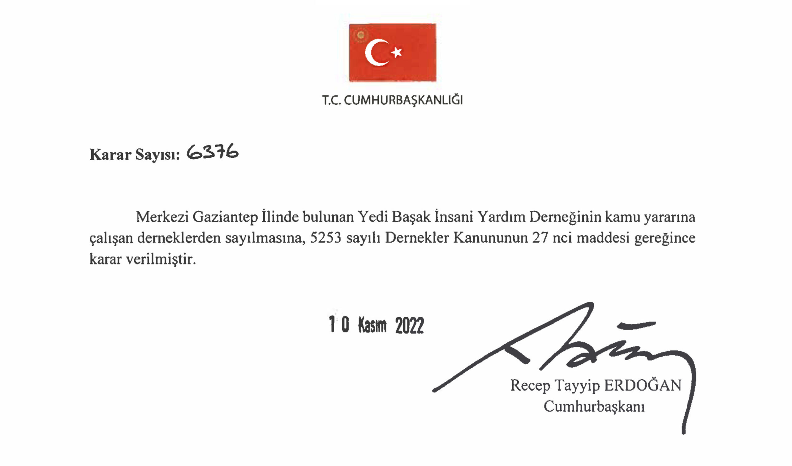 YEDİ BAŞAK İNSANİ YARDIM DERNEĞİ KAMU YARARINA ÇALIŞAN DERNEK STATÜSÜ KAZANDI 40 karar